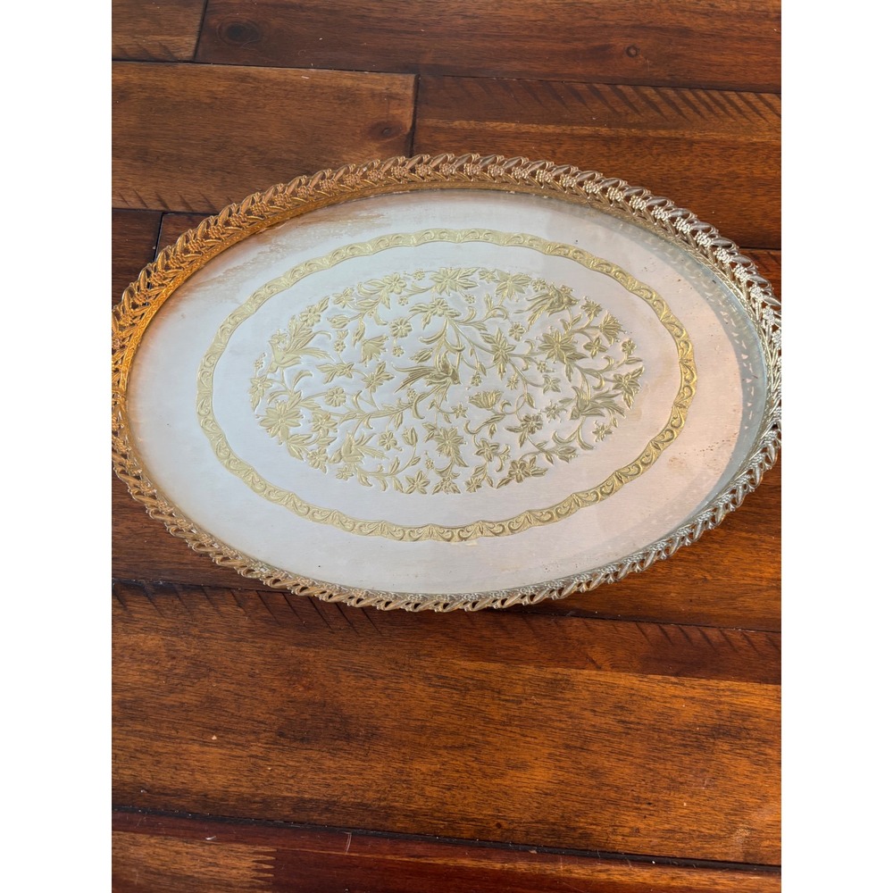 Vintage Hollywood Regency Oval Serving Tray Gold Silver Floral Bird Filigree 16"